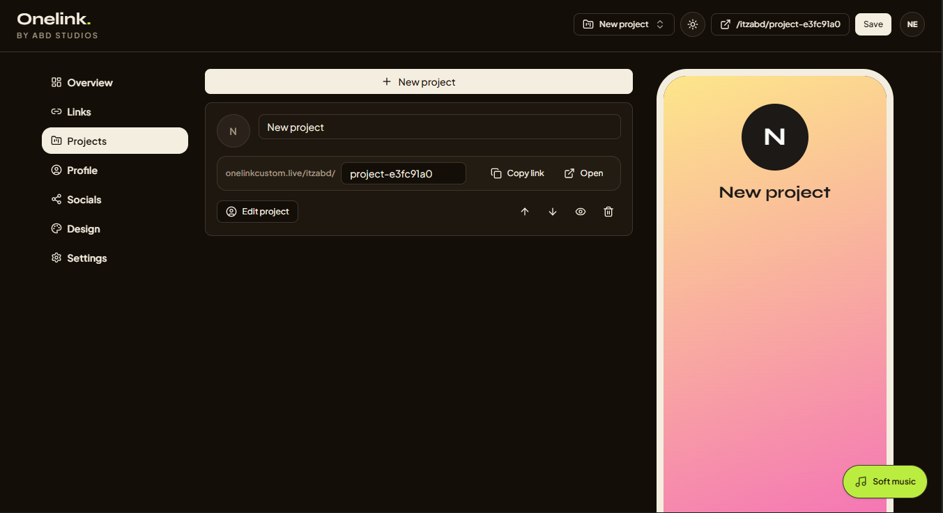 Onelink Projects screen