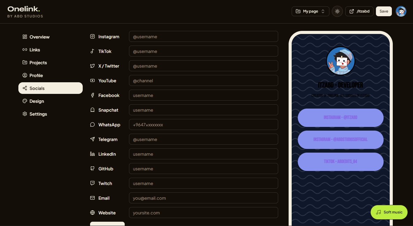 Onelink Socials screen