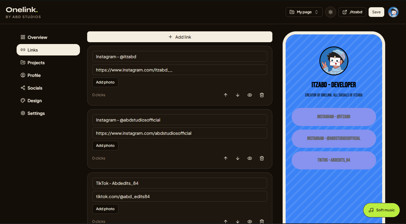 Onelink Links screen